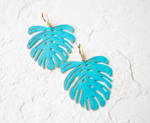 Load image into Gallery viewer, Large Monstera Earrings, Blue Verdigris Patina Monstera Brass Leaf Earrings, Boho Bohemian Earrings, Statement Earrings, Gift for Her
