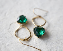 Load image into Gallery viewer, Emerald Green Earrings, Heart Earrings, Heart Jewelry, Gold Twisted Circle Earrings, May Birthstone Jewelry, Valentine&#39;s Gift for Her
