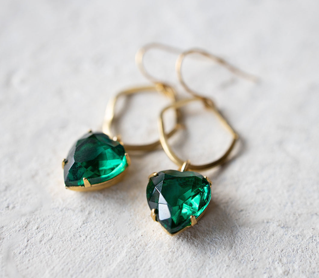 Emerald Green Earrings, Heart Earrings, Heart Jewelry, Gold Twisted Circle Earrings, May Birthstone Jewelry, Valentine's Gift for Her