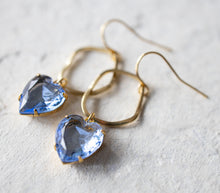 Load image into Gallery viewer, Light Sapphire Earrings, Blue Heart Earrings, Vintage Glass Jewel Earrings, September Birthstone, Birthday Gift Anniversary Gift for Her
