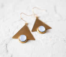 Load image into Gallery viewer, White Opal Earrings, Opal Jewelry, October Birthstone, October Birthday Gift, Gift for Women, Gold Triangle Earrings, Geometric Earrings
