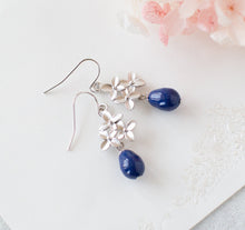 Load image into Gallery viewer, Lilac Earrings, Navy Blue Pearl Earrings, Silver Flower Blossoms Earrings, Dark Blue Teardrop Pearl, Navy Blue Wedding Jewelry
