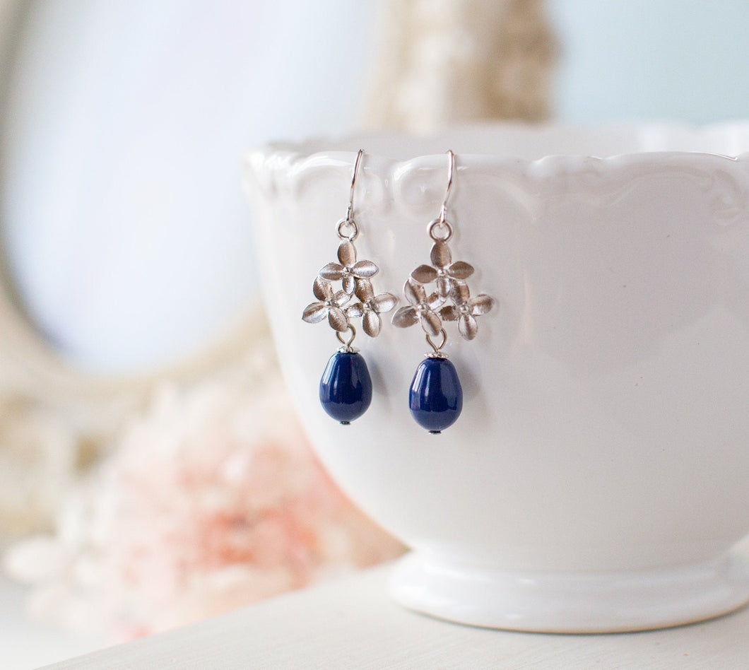 Lilac Earrings, Navy Blue Pearl Earrings, Silver Flower Blossoms Earrings, Dark Blue Teardrop Pearl, Navy Blue Wedding Jewelry