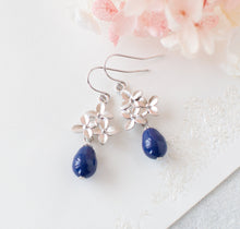 Load image into Gallery viewer, Lilac Earrings, Navy Blue Pearl Earrings, Silver Flower Blossoms Earrings, Dark Blue Teardrop Pearl, Navy Blue Wedding Jewelry
