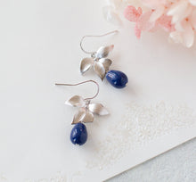 Load image into Gallery viewer, Navy Blue Pearl Earrings, Silver Flower Dangle Earrings, Dark Blue Pearl Drop Earrings, Navy Blue Wedding Jewelry, Bridesmaid Earrings
