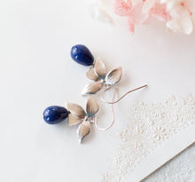 Load image into Gallery viewer, Navy Blue Pearl Earrings, Silver Flower Dangle Earrings, Dark Blue Pearl Drop Earrings, Navy Blue Wedding Jewelry, Bridesmaid Earrings
