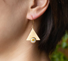 Load image into Gallery viewer, White Opal Earrings, Opal Jewelry, October Birthstone, October Birthday Gift, Gift for Women, Gold Triangle Earrings, Geometric Earrings
