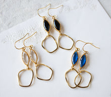 Load image into Gallery viewer, Capri Blue Earrings, Vintage Blue Navette Glass Jewel Earrings, Irregular Shaped Gold Hoop Earrings, Sapphire Blue Earrings
