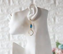 Load image into Gallery viewer, Capri Blue Earrings, Vintage Blue Navette Glass Jewel Earrings, Irregular Shaped Gold Hoop Earrings, Sapphire Blue Earrings
