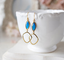 Load image into Gallery viewer, Capri Blue Earrings, Vintage Blue Navette Glass Jewel Earrings, Irregular Shaped Gold Hoop Earrings, Sapphire Blue Earrings
