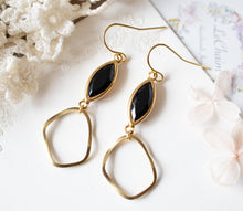 Load image into Gallery viewer, Black and Gold Earrings, Vintage Black Onyx Navette Glass Jewel Earrings, Gold Brass Circle Earrings, Gift for Women, Gift for Mom Daughter
