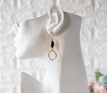 Load image into Gallery viewer, Black and Gold Earrings, Vintage Black Onyx Navette Glass Jewel Earrings, Gold Brass Circle Earrings, Gift for Women, Gift for Mom Daughter
