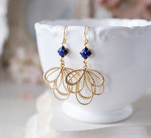 Load image into Gallery viewer, Gold and Navy Blue Earrings, Lace Filigree Earrings, Vintage Lapis Lazuli Glass Stone Earrings, Gift for Women
