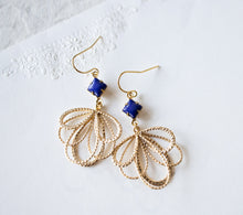 Load image into Gallery viewer, Gold and Navy Blue Earrings, Lace Filigree Earrings, Vintage Lapis Lazuli Glass Stone Earrings, Gift for Women
