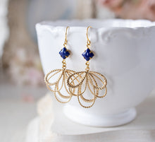 Load image into Gallery viewer, Gold and Navy Blue Earrings, Lace Filigree Earrings, Vintage Lapis Lazuli Glass Stone Earrings, Gift for Women
