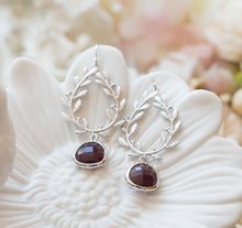 Load image into Gallery viewer, Silver Leaf Wreath Burgundy Earrings, Dark Red Earrings, Burgundy Wedding Jewelry, Bridesmaid Earrings, Maid of Honor Gift, Gift for Mom
