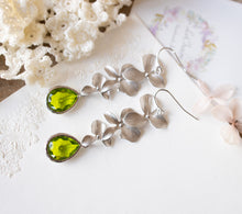 Load image into Gallery viewer, Peridot Earrings with Silver Flowers, Light Green Earrings, Green Dangle Earrings, Green Drop Earrings, August Birthstone, Green Wedding
