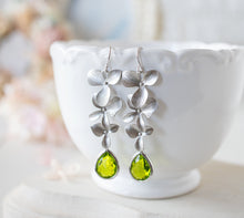 Load image into Gallery viewer, Peridot Earrings with Silver Flowers, Light Green Earrings, Green Dangle Earrings, Green Drop Earrings, August Birthstone, Green Wedding
