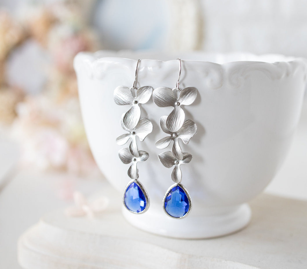 Sapphire Earrings, Silver Orchid Flower Long Dangle Earrings, Cobalt Blue, Wedding Jewelry, September Birthstone, Gift for women