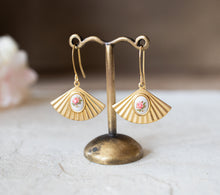 Load image into Gallery viewer, Gold Brass Fan Earrings, Vintage Pink Rose Glass Cabochon Earrings, Art Deco Earrings, Rose Earrings, Oriental Earrings, Gift for Her
