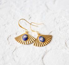 Load image into Gallery viewer, Fan Earrings, Vintage Japanese Blue Rose Cabochon Earrings, Art Deco Jewelry, Gold Fan Earrings, Oriental Jewelry, Gift for Her
