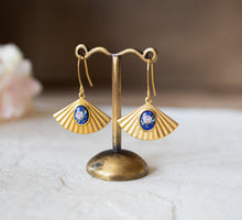 Load image into Gallery viewer, Fan Earrings, Vintage Japanese Blue Rose Cabochon Earrings, Art Deco Jewelry, Gold Fan Earrings, Oriental Jewelry, Gift for Her
