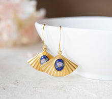 Load image into Gallery viewer, Fan Earrings, Vintage Japanese Blue Rose Cabochon Earrings, Art Deco Jewelry, Gold Fan Earrings, Oriental Jewelry, Gift for Her
