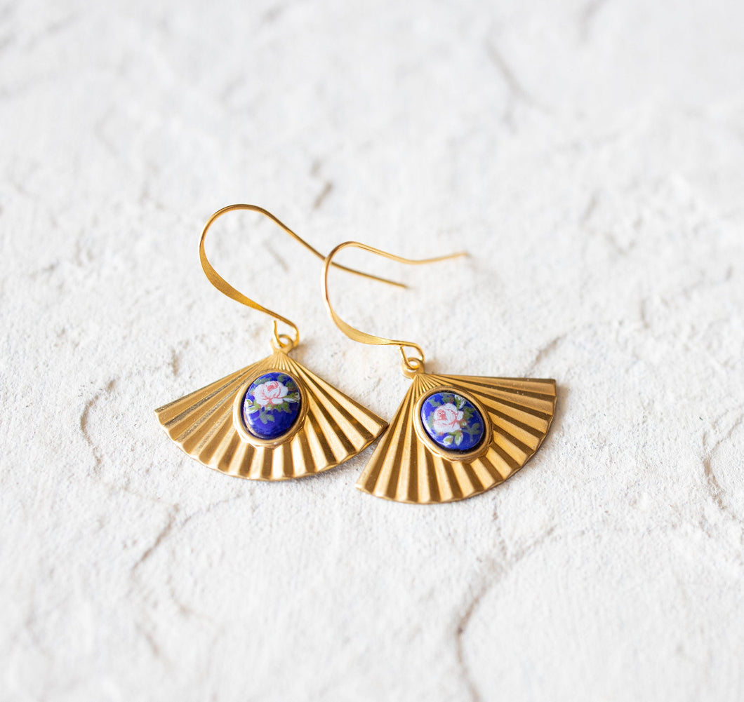 Fan Earrings, Vintage Japanese Blue Rose Cabochon Earrings, Art Deco Jewelry, Gold Fan Earrings, Oriental Jewelry, Gift for Her