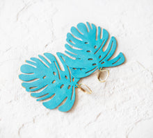 Load image into Gallery viewer, Large Monstera Earrings, Blue Verdigris Patina Monstera Brass Leaf Earrings, Boho Bohemian Earrings, Statement Earrings, Gift for Her
