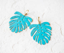 Load image into Gallery viewer, Large Monstera Earrings, Blue Verdigris Patina Monstera Brass Leaf Earrings, Boho Bohemian Earrings, Statement Earrings, Gift for Her
