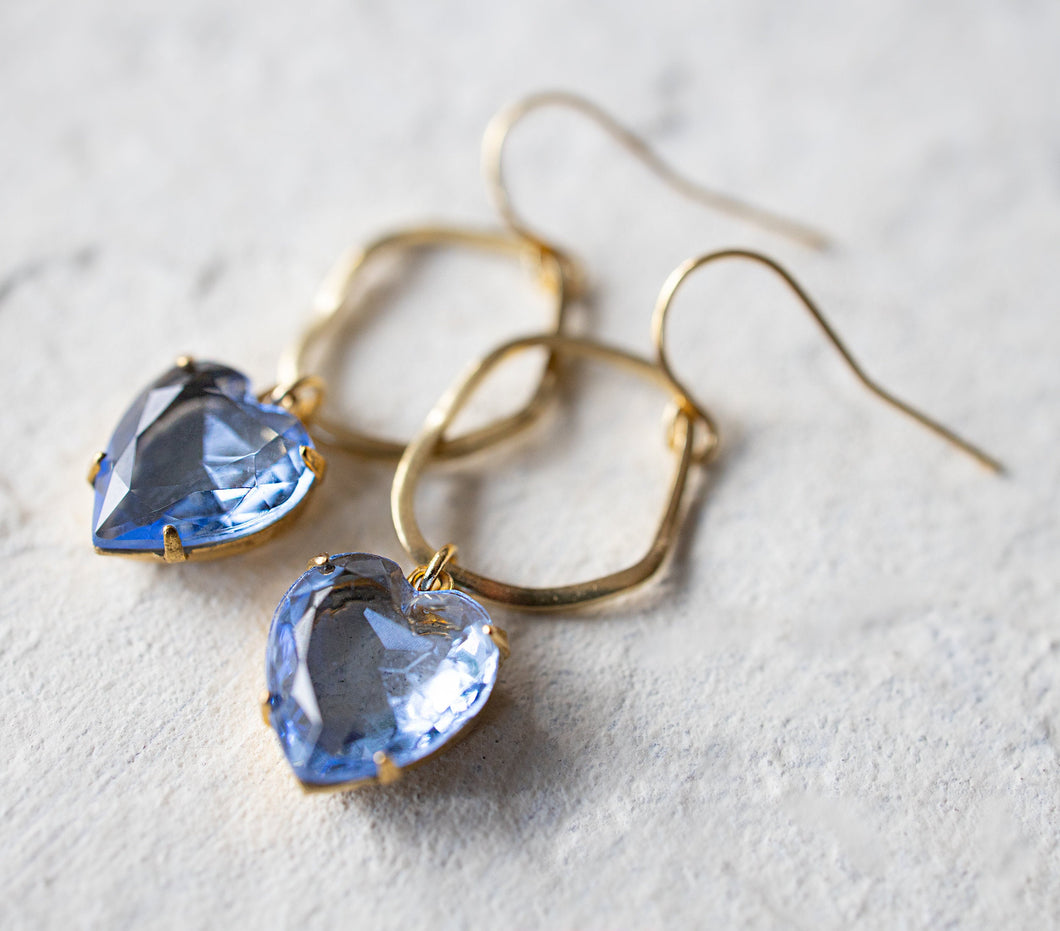 Light Sapphire Earrings, Blue Heart Earrings, Vintage Glass Jewel Earrings, September Birthstone, Birthday Gift Anniversary Gift for Her