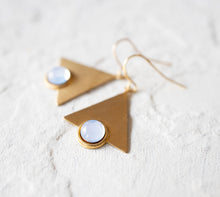 Load image into Gallery viewer, White Opal Earrings, Opal Jewelry, October Birthstone, October Birthday Gift, Gift for Women, Gold Triangle Earrings, Geometric Earrings
