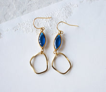 Load image into Gallery viewer, Capri Blue Earrings, Vintage Blue Navette Glass Jewel Earrings, Irregular Shaped Gold Hoop Earrings, Sapphire Blue Earrings
