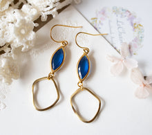 Load image into Gallery viewer, Capri Blue Earrings, Vintage Blue Navette Glass Jewel Earrings, Irregular Shaped Gold Hoop Earrings, Sapphire Blue Earrings
