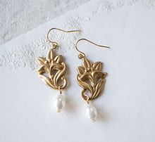 Load image into Gallery viewer, Lily Earrings, Lily Jewelry, Gold Brass Lily Flower Cream White Teardrop Pearl Earrings, May Birth flower,  May Birthday Gift for Women
