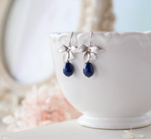 Load image into Gallery viewer, Navy Blue Pearl Earrings, Silver Flower Dangle Earrings, Dark Blue Pearl Drop Earrings, Navy Blue Wedding Jewelry, Bridesmaid Earrings
