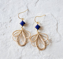 Load image into Gallery viewer, Gold and Navy Blue Earrings, Lace Filigree Earrings, Vintage Lapis Lazuli Glass Stone Earrings, Gift for Women
