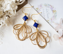 Load image into Gallery viewer, Gold and Navy Blue Earrings, Lace Filigree Earrings, Vintage Lapis Lazuli Glass Stone Earrings, Gift for Women
