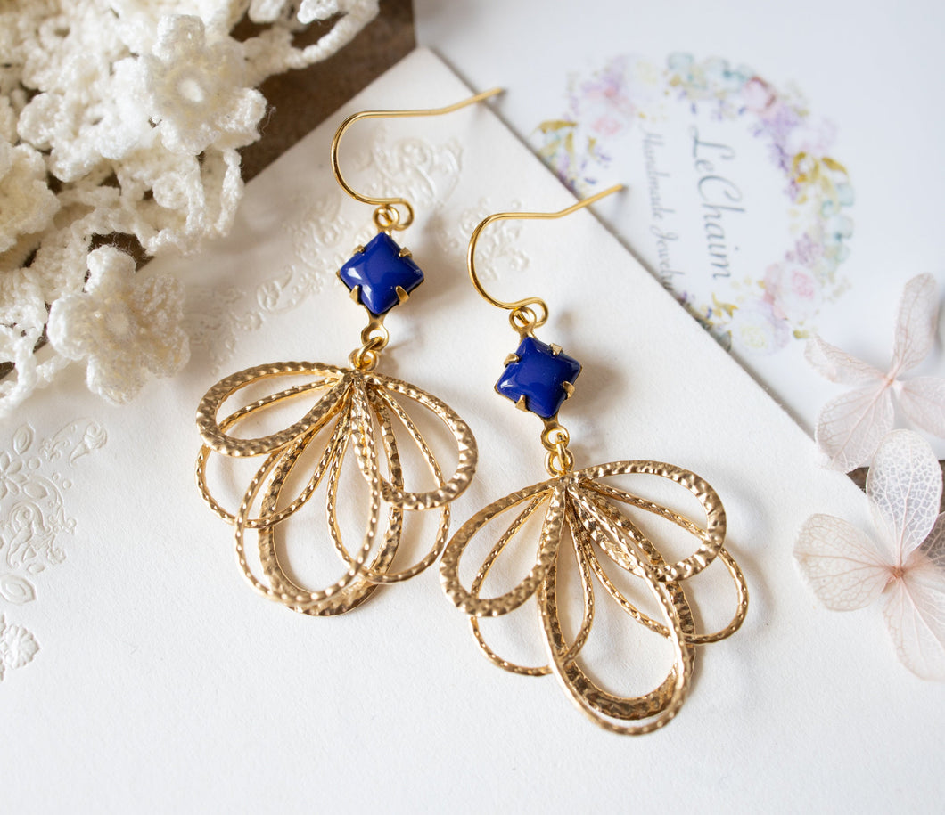 Gold and Navy Blue Earrings, Lace Filigree Earrings, Vintage Lapis Lazuli Glass Stone Earrings, Gift for Women