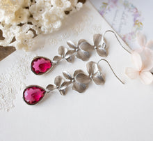 Load image into Gallery viewer, Ruby Earrings, Silver Trio Orchid Flower Long Dangle Earrings, July Birthstone Jewelry, Fuchsia Earrings, Hot Pink Earrings
