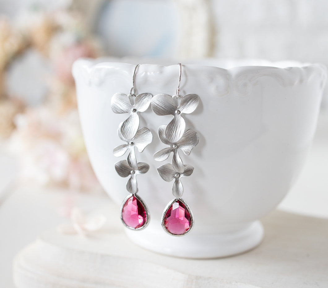 Ruby Earrings, Silver Trio Orchid Flower Long Dangle Earrings, July Birthstone Jewelry, Fuchsia Earrings, Hot Pink Earrings