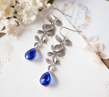 Load image into Gallery viewer, Sapphire Earrings, Silver Orchid Flower Long Dangle Earrings, Cobalt Blue, Wedding Jewelry, September Birthstone, Gift for women
