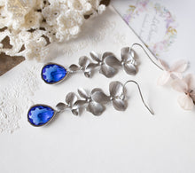 Load image into Gallery viewer, Sapphire Earrings, Silver Orchid Flower Long Dangle Earrings, Cobalt Blue, Wedding Jewelry, September Birthstone, Gift for women
