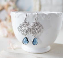 Load image into Gallery viewer, Navy Blue Earrings, Montana Blue Earrings, Silver Ornate Filigree Earrings, Dark Sapphire Earrings, September Birthstone Jewelry
