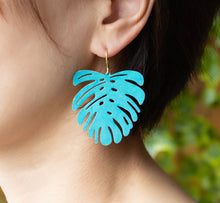 Load image into Gallery viewer, Large Monstera Earrings, Blue Verdigris Patina Monstera Brass Leaf Earrings, Boho Bohemian Earrings, Statement Earrings, Gift for Her
