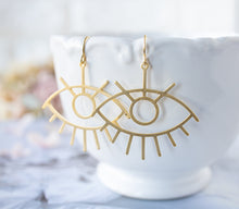 Load image into Gallery viewer, Gold Evil Eye Earrings, Evil Eye Jewelry, Third Eye Earrings, Gold Funky Statement Earrings, Boho Earrings, Gift for women, Gift for Her
