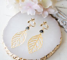 Load image into Gallery viewer, Leaf Earrings, Gold Filigree Leaf Dark Sapphire Blue Navy Blue Earrings,  Navy Blue Wedding Jewelry, Bridesmaid Gift, September Birthstone
