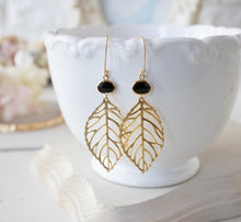 Load image into Gallery viewer, Black Onyx Crystal Gold Filigree Leaf Earrings
