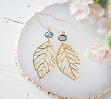 Load image into Gallery viewer, Leaf Earrings, Gold Filigree Leaf Dark Sapphire Blue Navy Blue Earrings,  Navy Blue Wedding Jewelry, Bridesmaid Gift, September Birthstone
