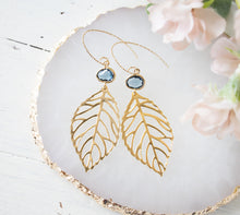 Load image into Gallery viewer, Leaf Earrings, Gold Filigree Leaf Dark Sapphire Blue Navy Blue Earrings,  Navy Blue Wedding Jewelry, Bridesmaid Gift, September Birthstone
